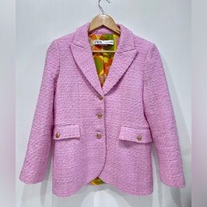 Zara Pink Textured Tweed Blazer Gold Button Fitted Lined Padded Shoulders Size S